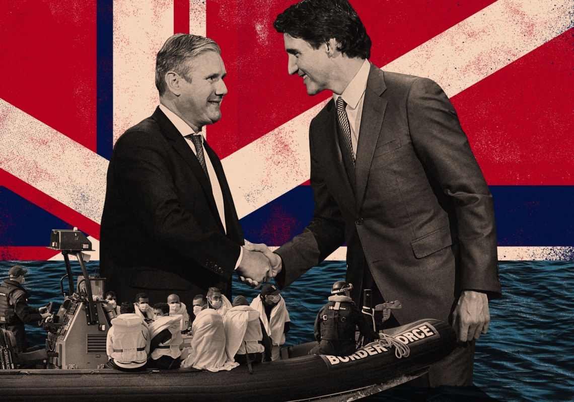 UK Labour Leader Keir Starmer (L) and Canadian Prime Minister Justin Trudeau (R) meet at the Global Progress Action Summit on September 16, 2023 in Montreal, Canada.