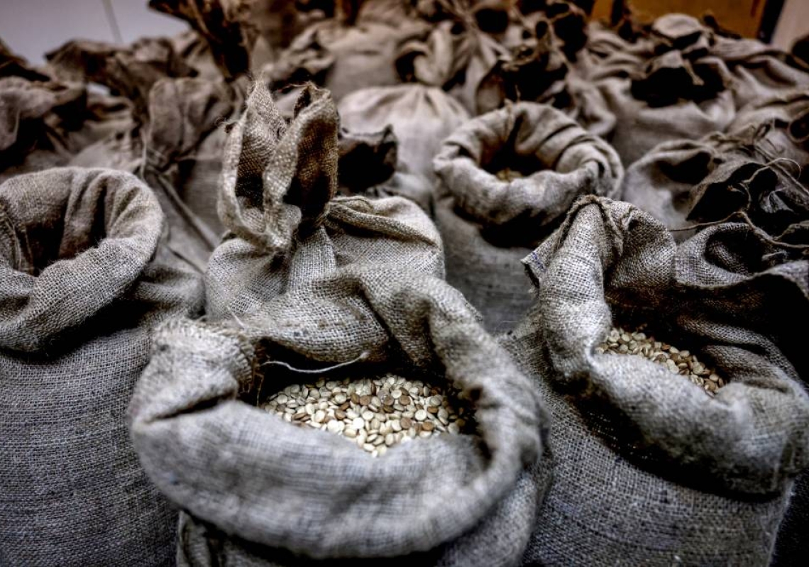This picture taken on July 27, 2022, shows a view of sacks of confiscated captagon pills at the judicial police headquarters in the town of Kafarshima, south of Lebanon's capital, Beirut.